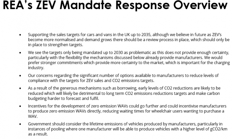 REA draft response to the zero emission vehicle (ZEV) mandate and CO2 emissions regulation for new cars and vans in the UK consultation